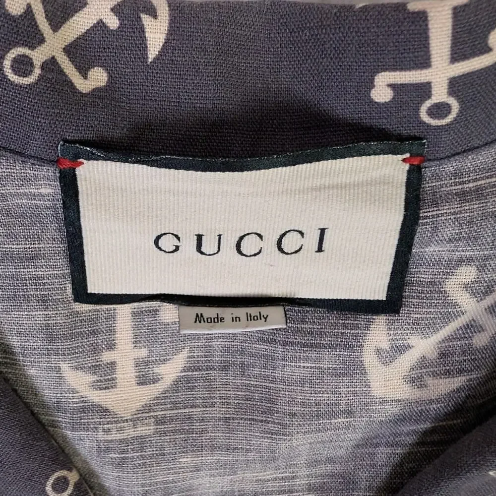 Gucci Anchor Print Linen Cotton Camp Shirt Gray Nautical Italy 2XL